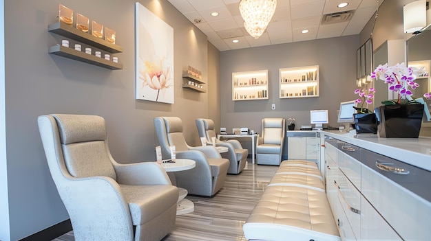 A modern spa waiting area with white furniture and a wooden wall