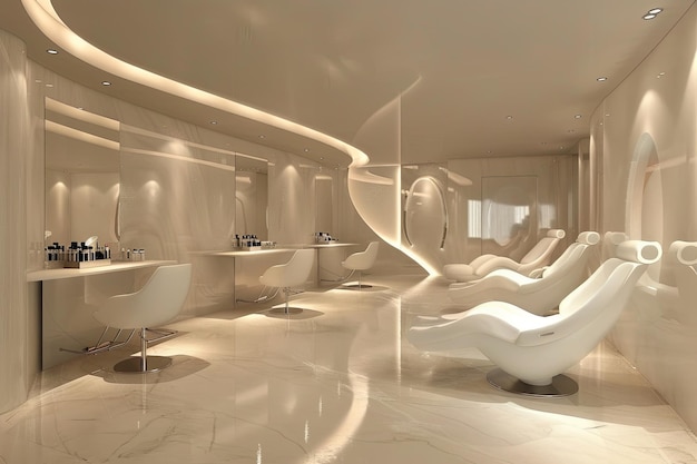 A modern spa with white chairs and curved ceiling rendered in d