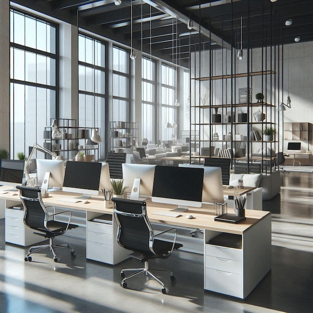 Modern and spacious office interior with large windows