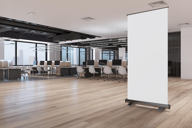 Modern spacious wooden and concrete coworking office interior with empty white roll up poster windows and city view furniture and equipment Workplace concept Mock up 3D Rendering