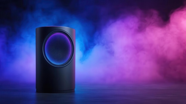 A modern speaker emitting colorful lights set against a backdrop of vibrant smoke Perfect for music lovers and events