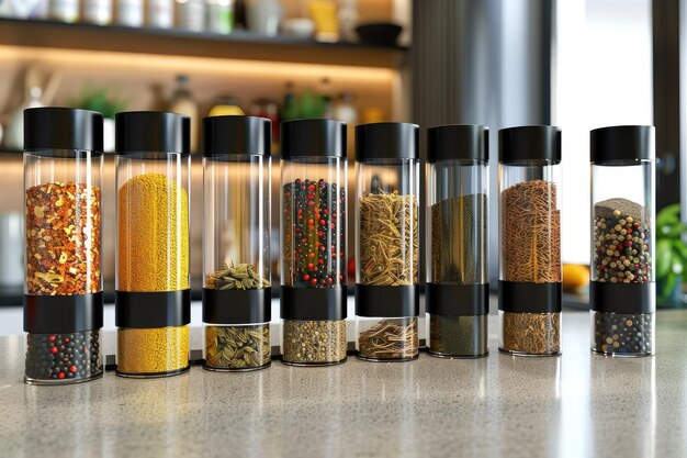 Photo modern spice dispenser set on clean kitchen counter