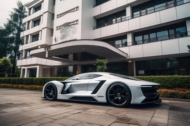 Modern sportcar parking near luxury hotel Generative AI