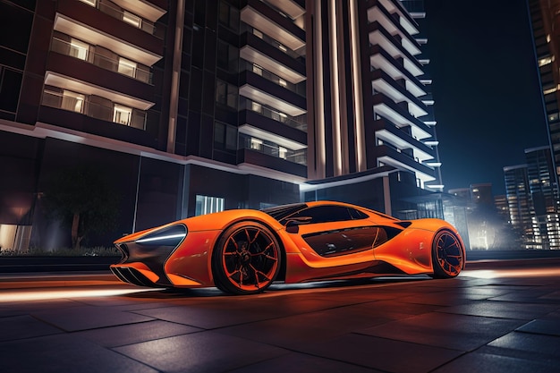 Modern sportcar parking near luxury hotel at night Generative AI