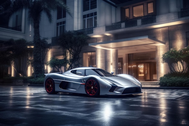 Modern sportcar parking near luxury hotel at night Generative AI