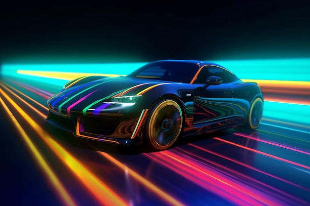 modern sports car with neon light stripes speed technology or futuristic concepts