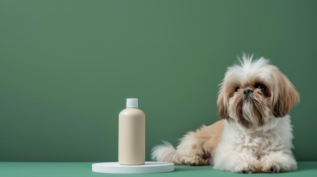 Photo a modern spray bottle sits on a circular stand beside a fluffy dog highlighting a grooming product in a serene indoor environment with a green backdrop