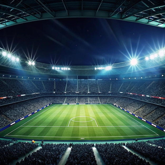 modern stadium illuminated for a soccer game at night with empty field