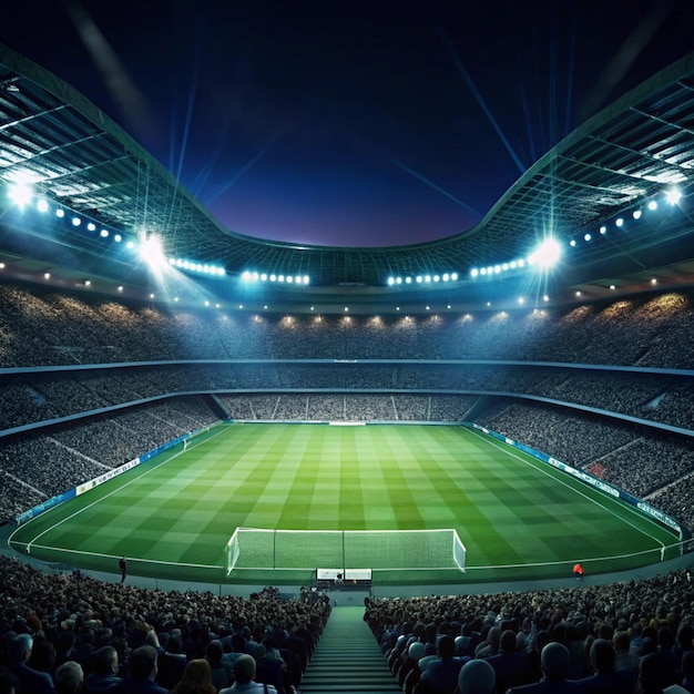 modern stadium illuminated for a soccer game at night with empty field