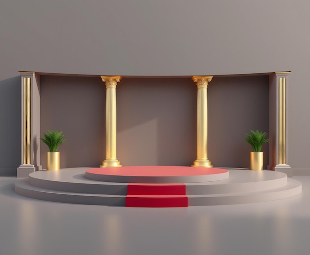 Modern stage with golden columns and red carpet