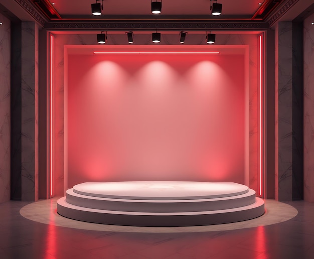 Modern Stage with Red Lights and White Podium