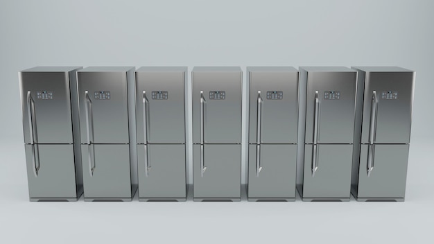 Modern stainless Fridge Refrigerator freezer on a gray background mockup layout banner 3d rendering