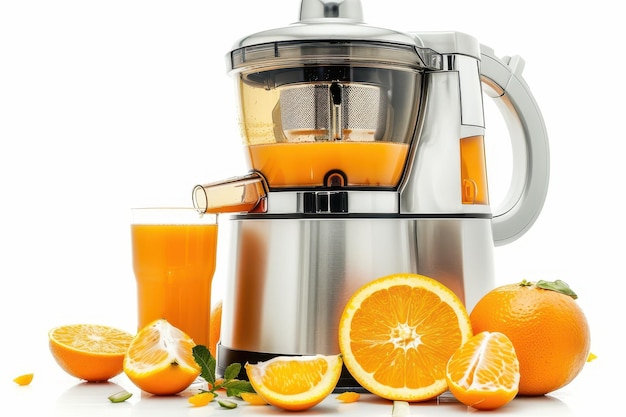 Photo modern stainless steel juicer with orange juice isolated on white background