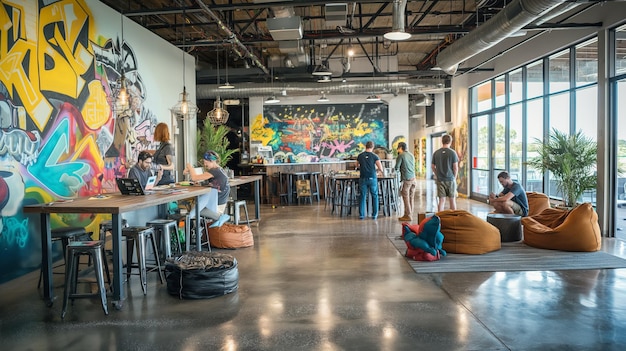 Modern Startup Space with Industrial Lights Creative Murals and Dynamic Employee Interactions