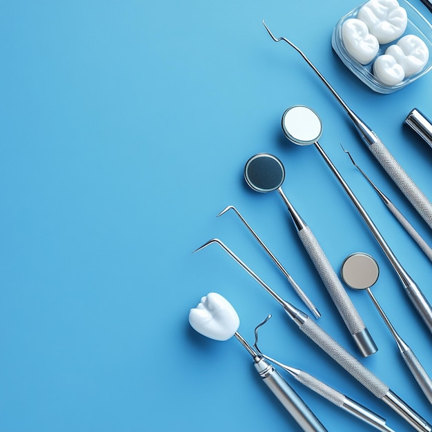 Modern Sterile Dental Instruments Displayed on Blue Surface