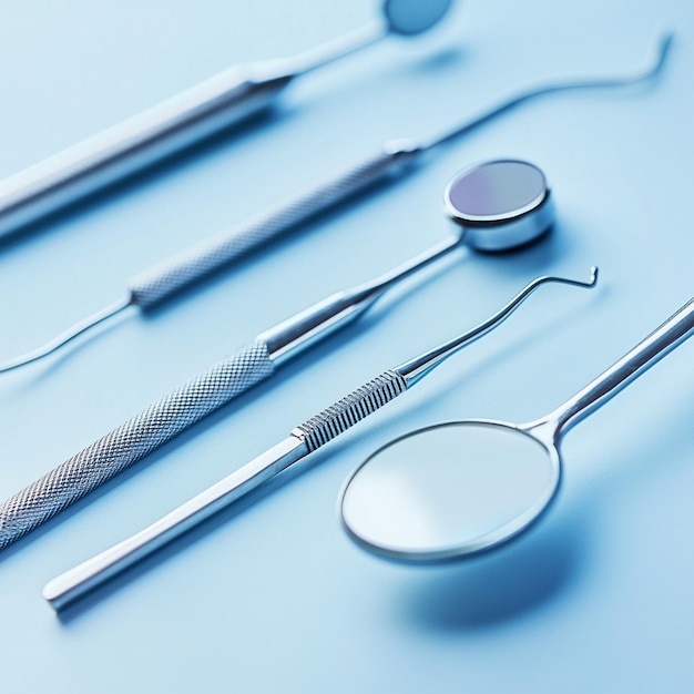 Photo modern sterile dental tools closeup on blue surface