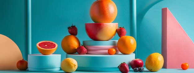 Photo modern still life of fruits with geometric shapes on a turquoise background