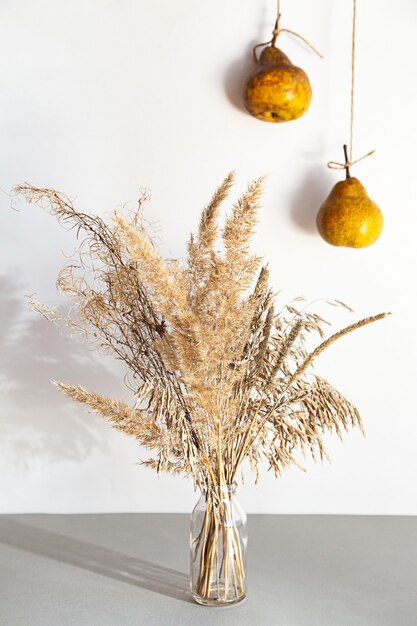 Modern still life with pampas grass in a glass vase and pears.