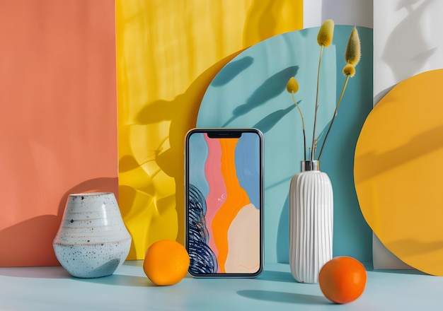 Photo modern still life with a smartphone and abstract wallpaper on a colorful background