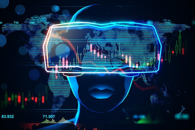 Modern stock market concept with digital human face silhouette in glowing virtual reality headset