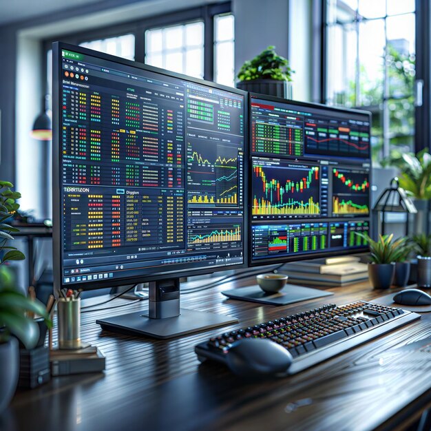 Photo modern stock trading desk with multiple monitors displaying data and charts in bright office