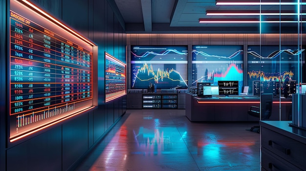 Photo modern stock trading room with neon lights and stock market data displays