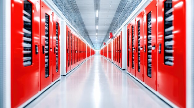 Photo a modern storage facility featuring bright red lockers lining a clean spacious corridor