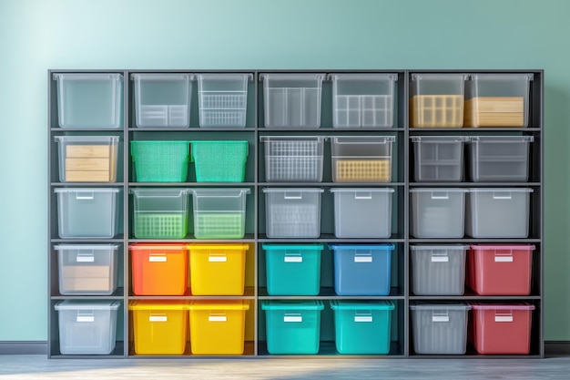 Modern storage solution with brightly colored bins organized on shelving against a light green wall