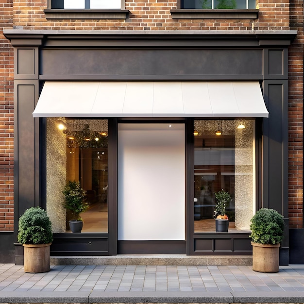 A modern storefront with a blank white sign perfect for showcasing your business or branding