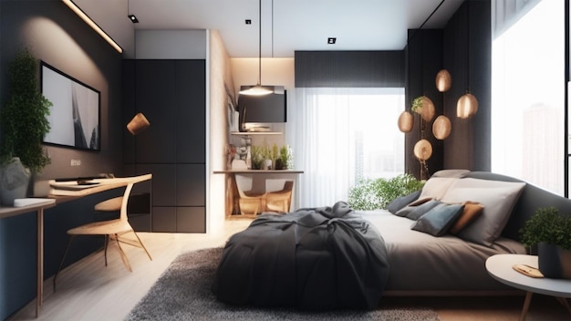 Modern studio apartment design with bedroom and living space