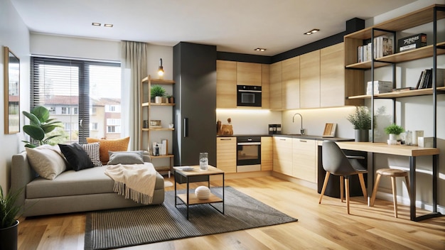 Photo modern studio apartment interior with kitchen living area and workspace