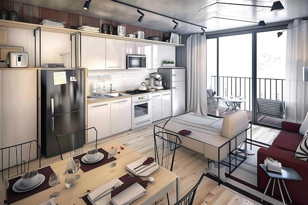 Modern studio apartment with kitchenette