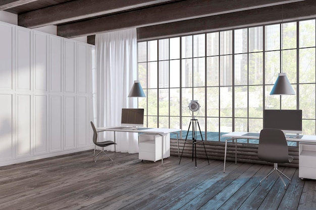 Modern studio office interior with window and city view hardwood floor daylight furniture and equipment 3D Rendering