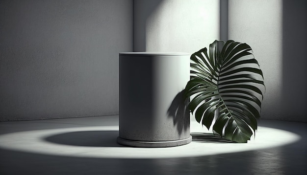 Modern studio room with palm tree and cylinder podium on the concrete floor