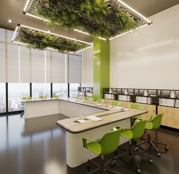 Modern study room with study desk and green chairs, Free