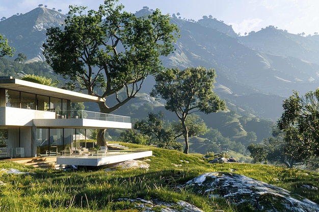 a modern style house nestled against a picturesque mountain Ai photo