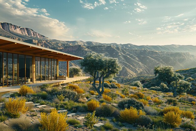 Photo a modern style house nestled against a picturesque mountain ai photo