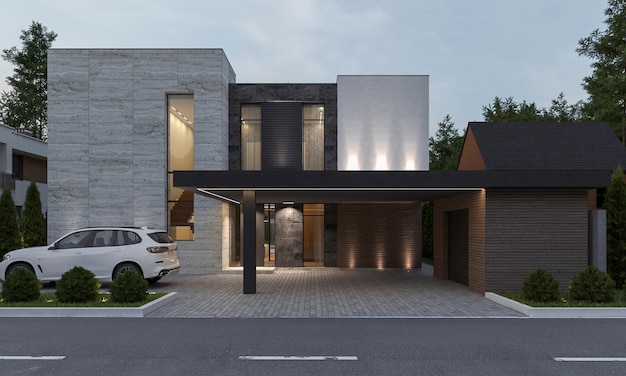 Modern style house with swimming pool and carport. 3D visualization