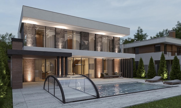 Modern style house with swimming pool and carport. 3D visualization