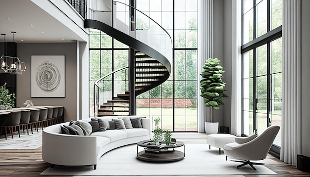 A modern style living room with floor to ceiling glass windows on the left and curved wooden stairs heading upstairs on the right two white sofas Generative AIxAxA