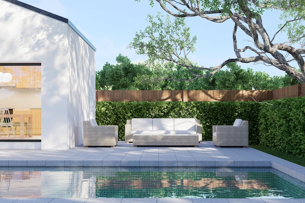 Modern style white house with concrete tile swimming pool terrace 3d render