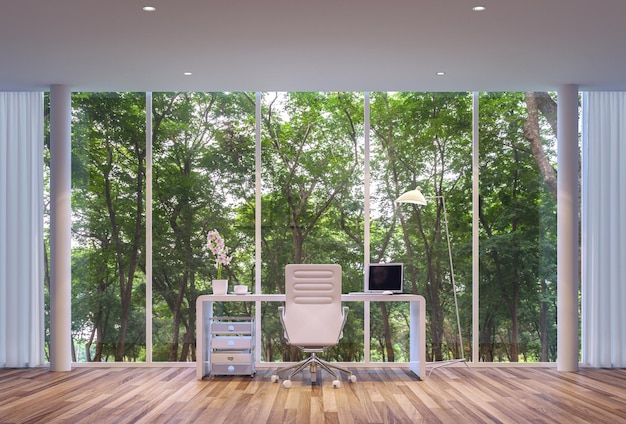 Modern style working room 3D render large window overlooking nature