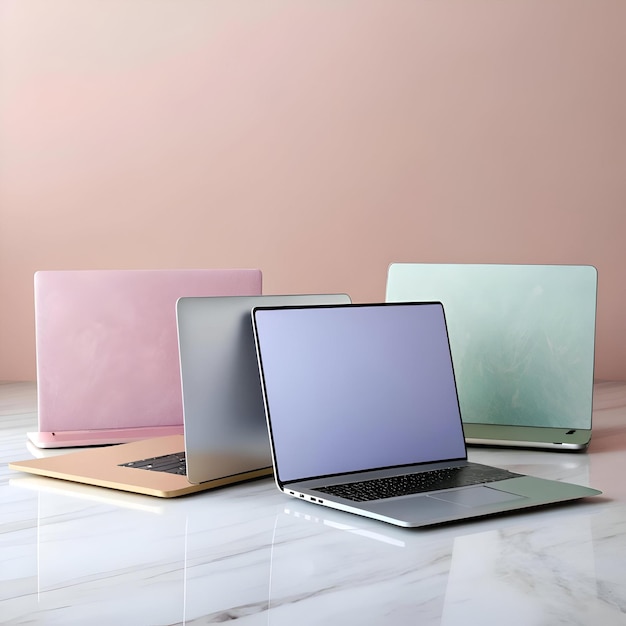 A modern and stylish arrangement of four laptops on a white marble surface with a pastel pink background