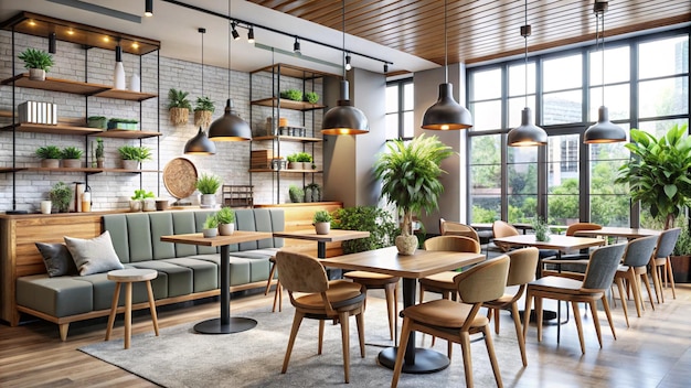 Modern and stylish coffee shop design The interior of the restaurant with tables and chairs and a copy space