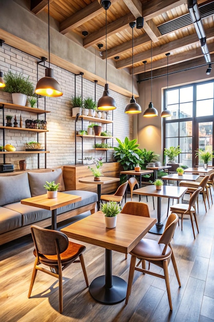 Modern and stylish coffee shop design The interior of the restaurant with tables and chairs and a copy space