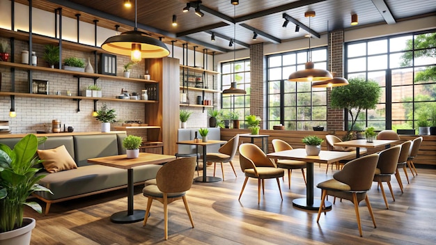 Modern and stylish coffee shop design The interior of the restaurant with tables and chairs and a copy space