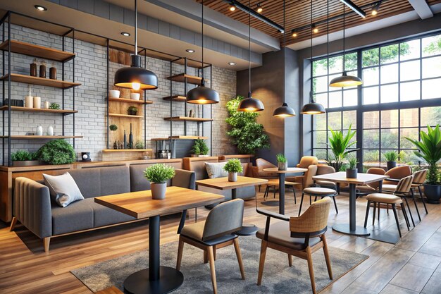 Modern and stylish coffee shop design The interior of the restaurant with tables and chairs and a copy space