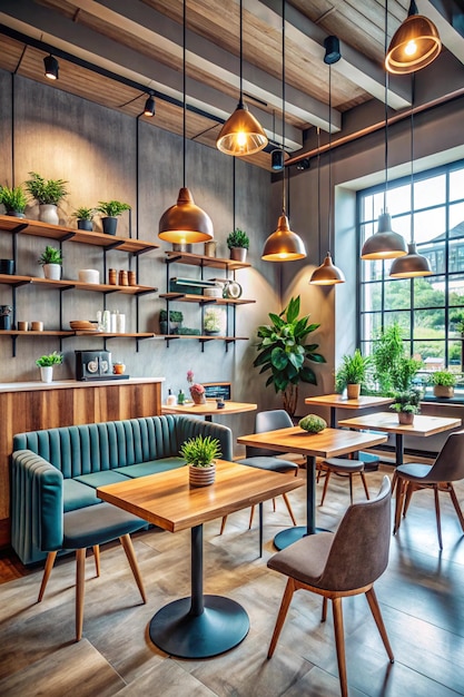 Modern and stylish coffee shop design The interior of the restaurant with tables and chairs and a copy space