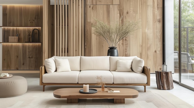 Modern stylish and cozy interior living room in natural beige tones with wooden elements