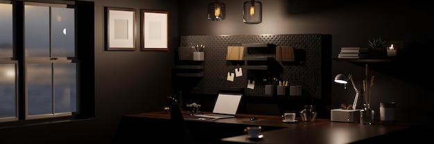 Modern stylish dark office workspace at night with laptop mockup on black table black wall